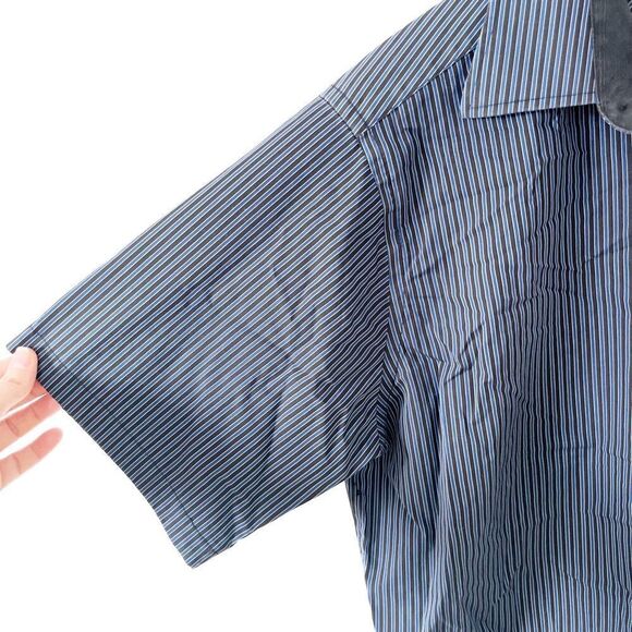Guy Laroche Vtg Navy Black Stripe Modern‎ Fit Cotton Short Sleeve Dress Shirt - Picture 3 of 7